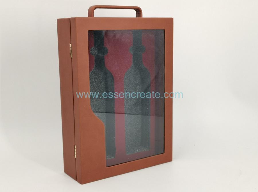 Two Wines PU Leather Box with Clear Window 