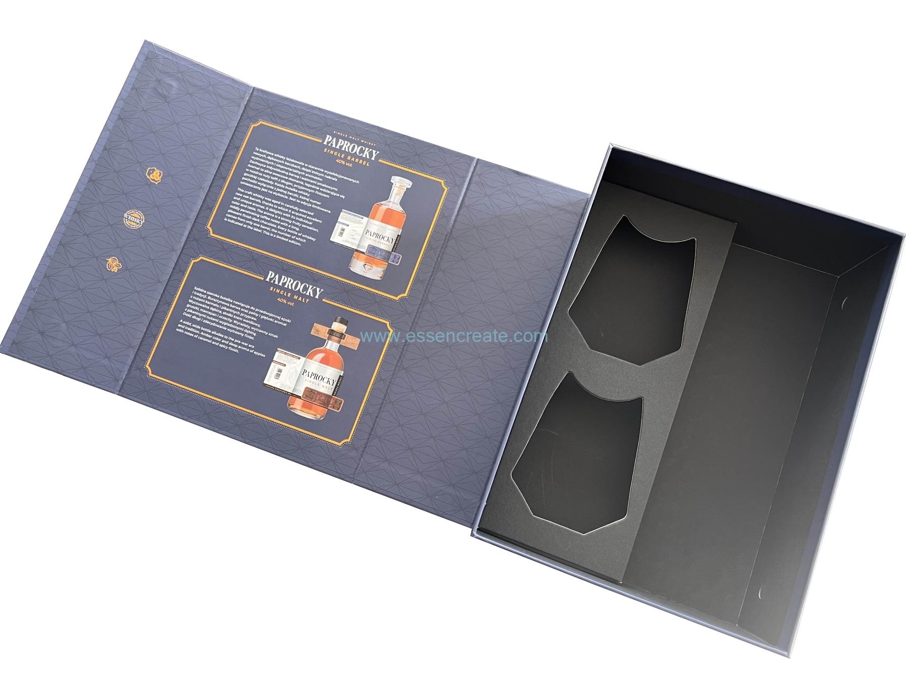 Caja con forma de libro de embalaje de whisky individual tipo Clamshell y dos vasos