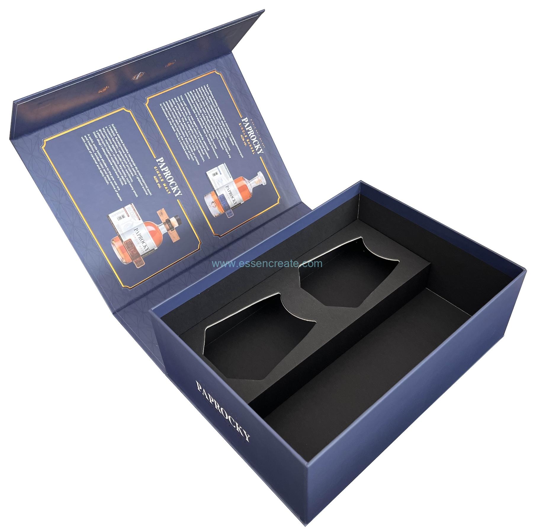 Caja de embalaje de whisky individual y dos vasos
