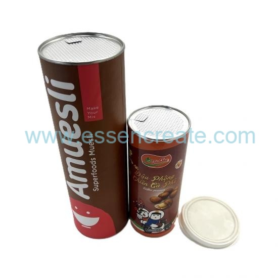 Tarro cilíndrico de café con granos de muesli impreso a medida